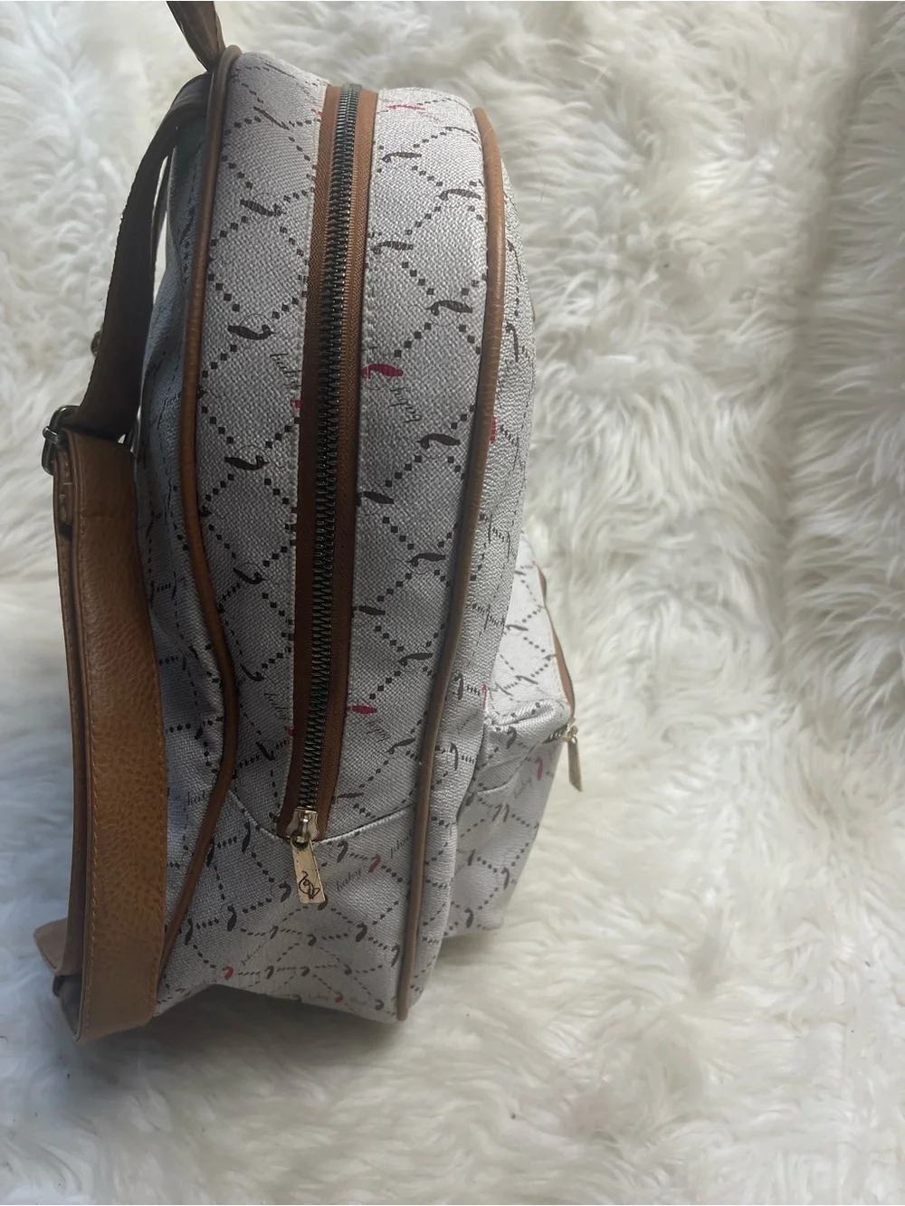 Babyphat synthetic Beige Patterned Backpack with Brown Trim gold accent